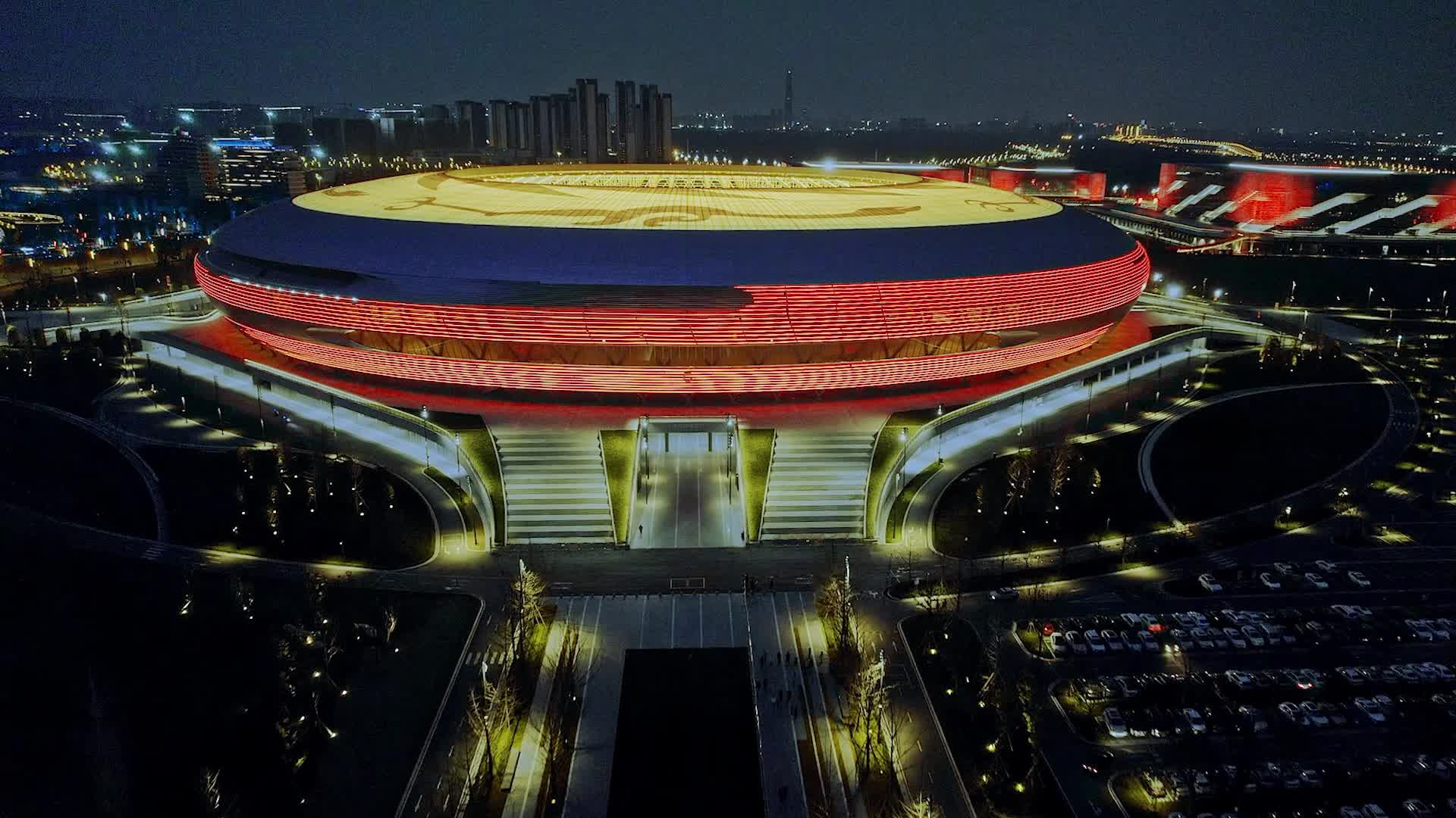 高清航拍成都大运会场馆地址东安湖夜景灯光视频的预览图