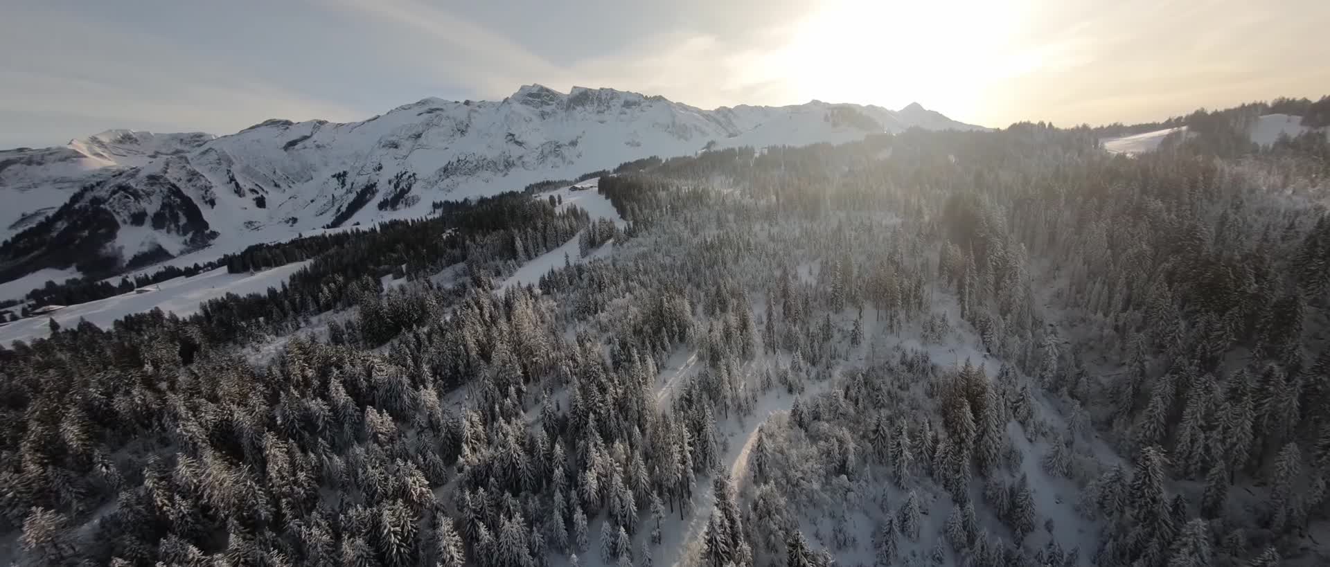穿越机冬季山脉森林河流唯美雪景影视级视频的预览图