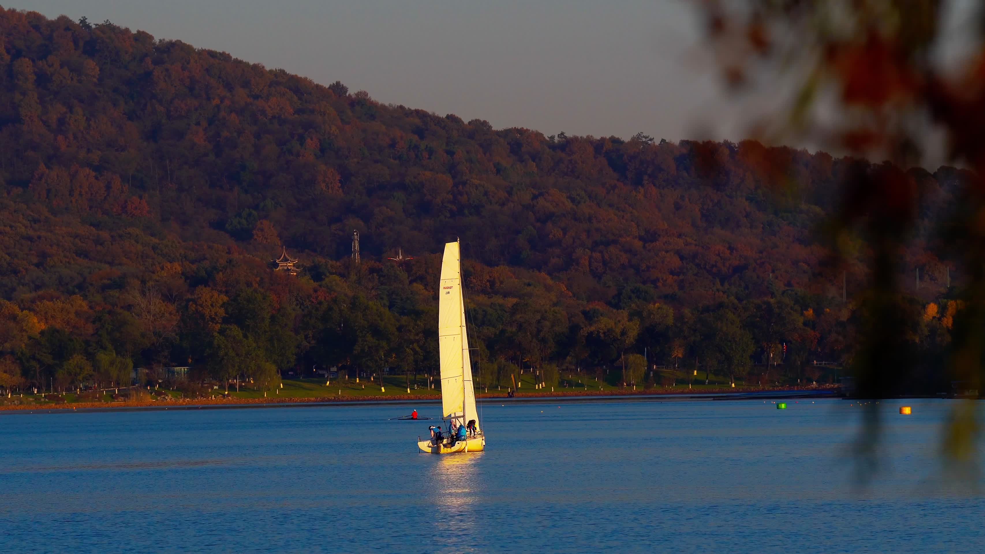 夕阳下湖上泛舟视频的预览图