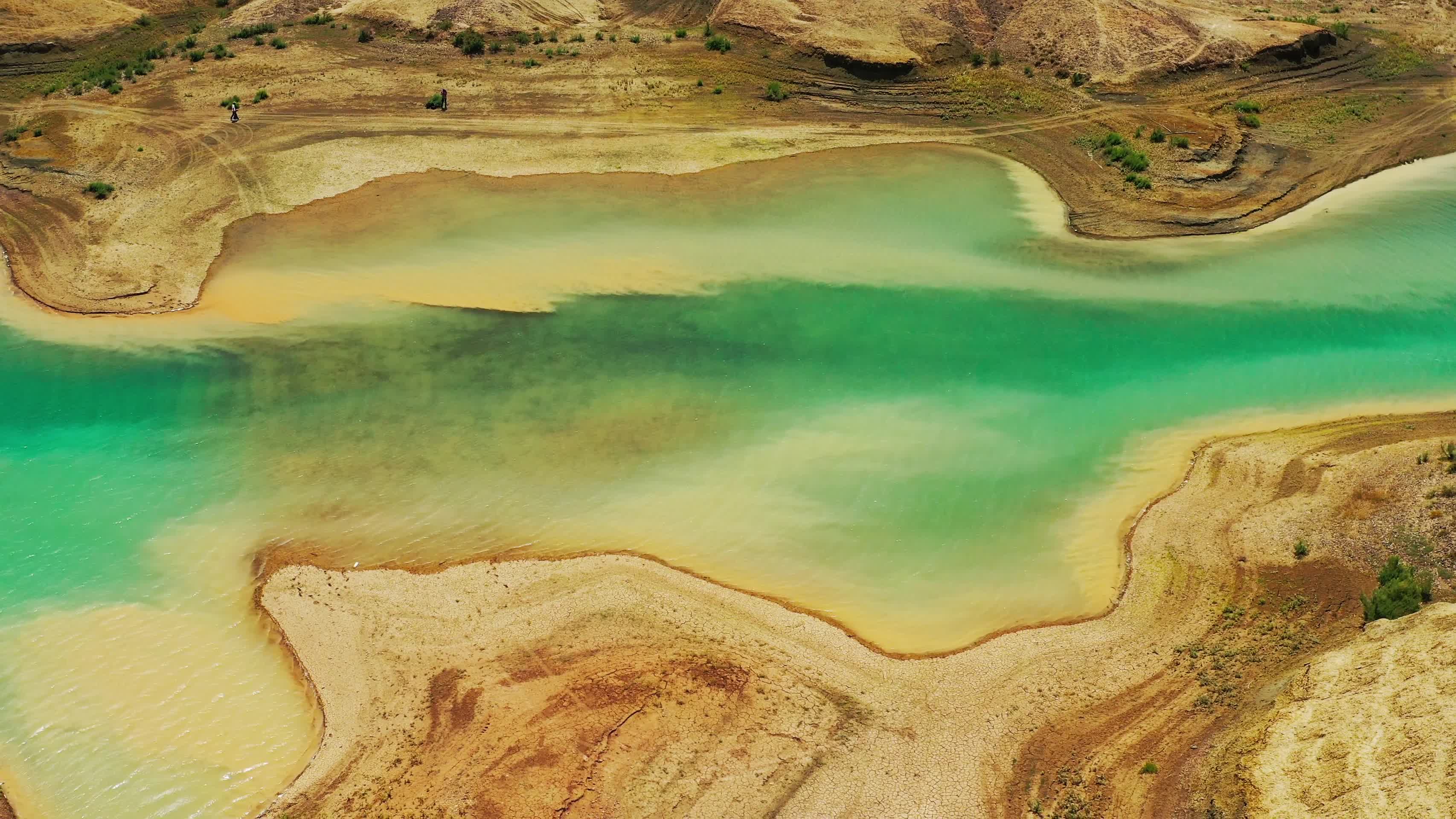 荒漠中翠绿的湖泊航拍视频的预览图