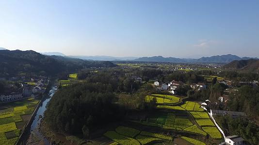 航拍汉中盆地油菜花海小村庄和远山视频的预览图
