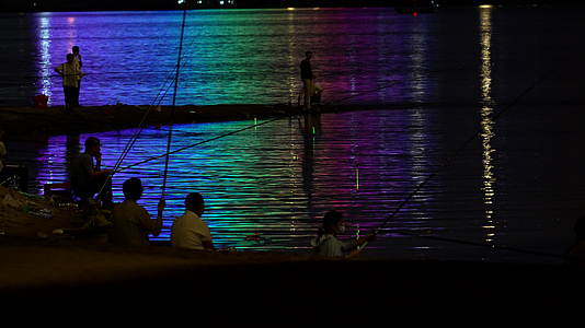 夜间武汉国际博览中心中央水景公园钓鱼视频的预览图