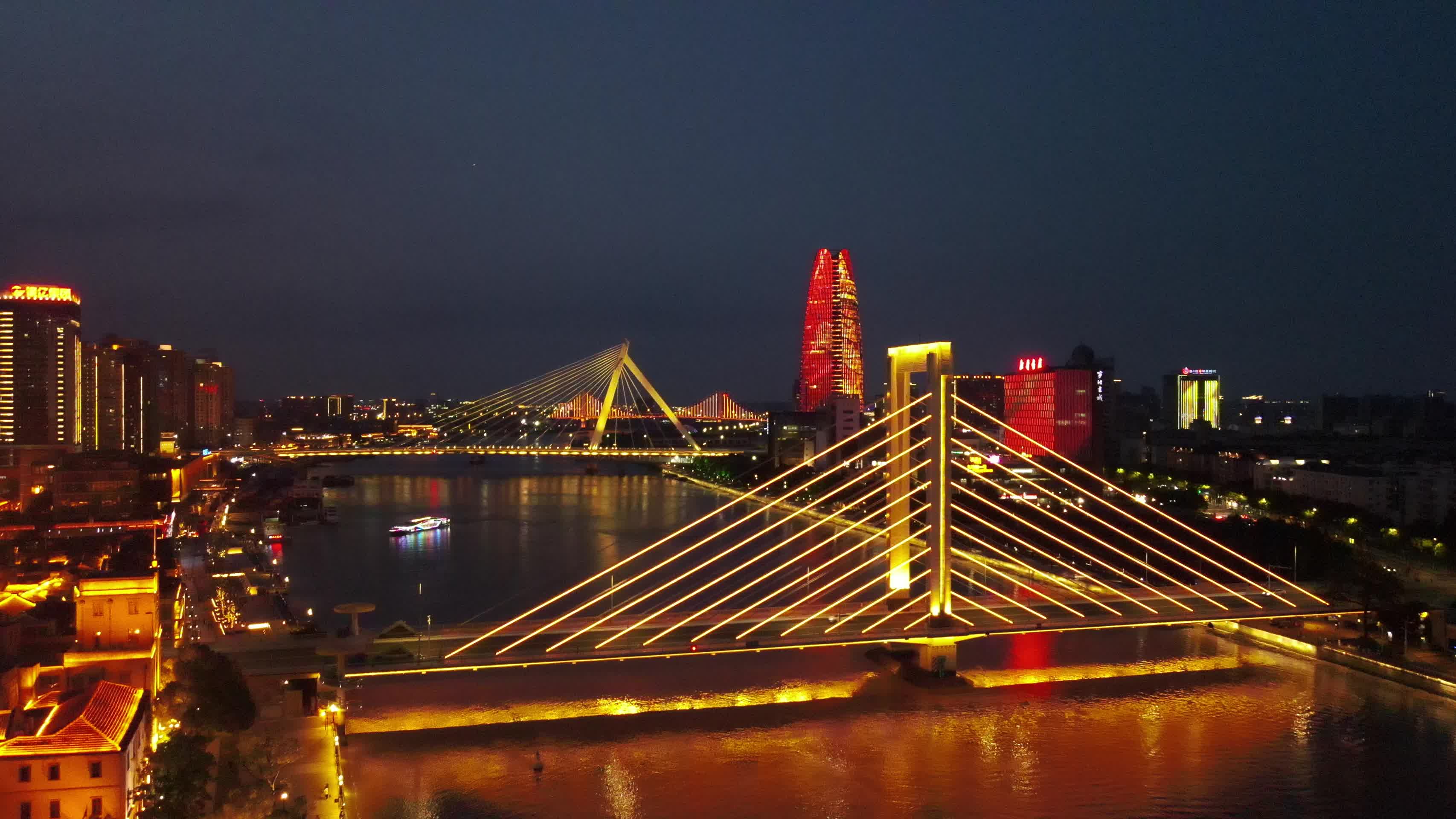 宁波夜景航拍甬江珍珠贝外滩大桥夜景4K航拍视频的预览图