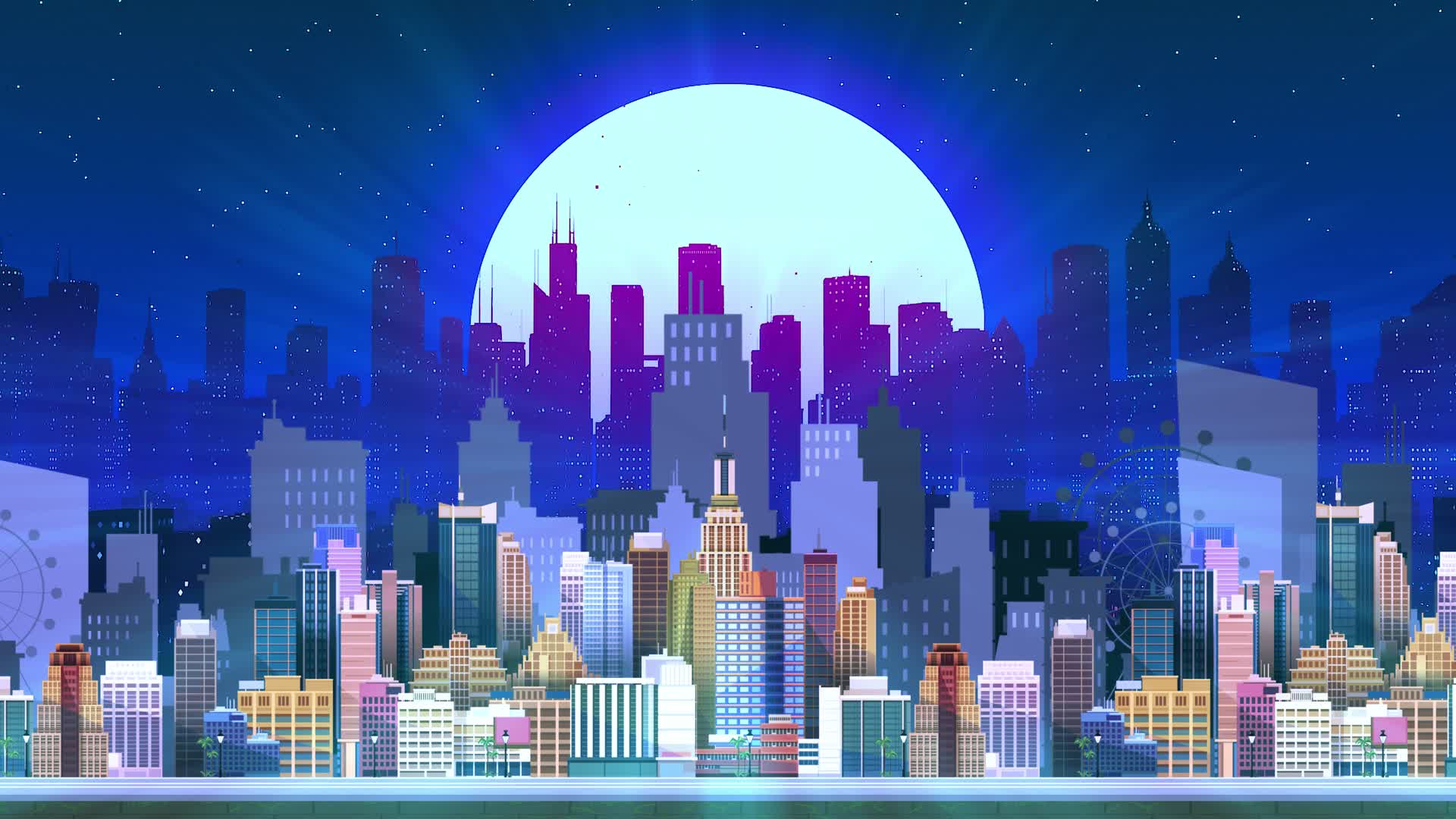 卡通城市楼群横移舞蹈氛围表演大屏背景视频的预览图