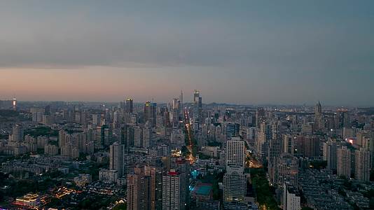 航拍落日蓝调时的南京新街口建筑群视频的预览图