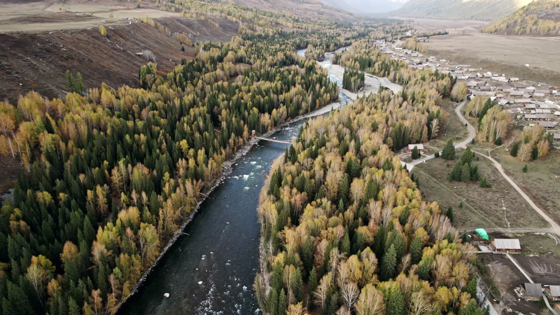 新疆阿勒泰喀纳斯河碧水蓝天航拍视频的预览图
