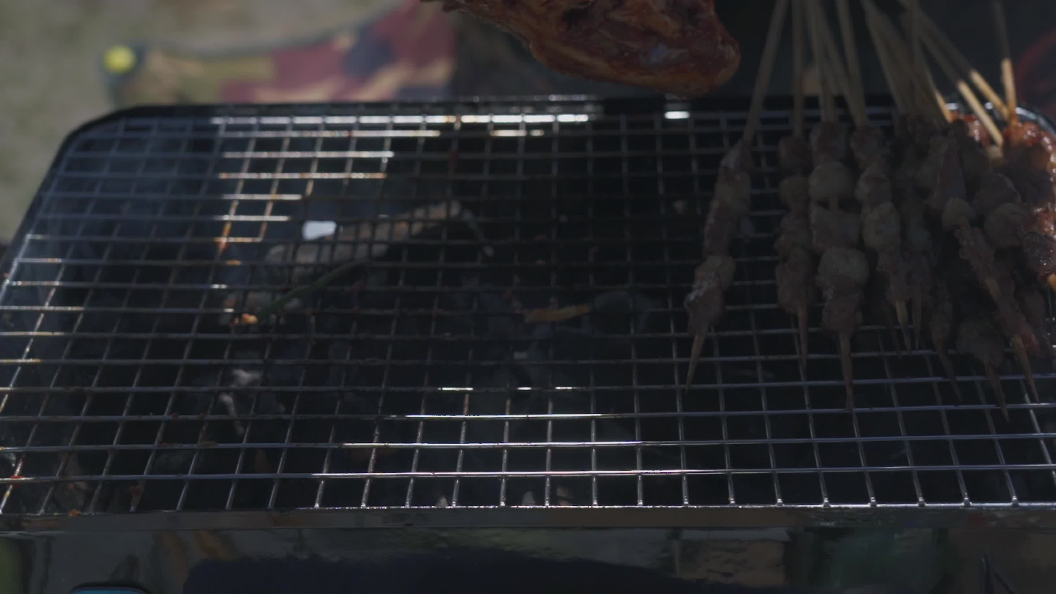 户外烧烤牛肉串和羊腿视频的预览图