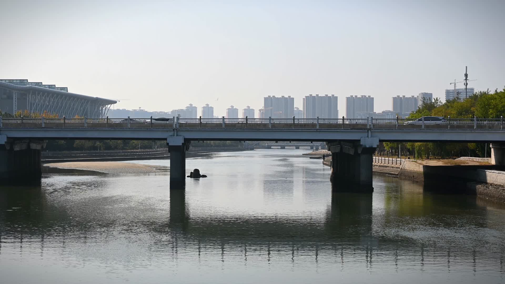城市桥上车流川流不息河流流淌视频的预览图