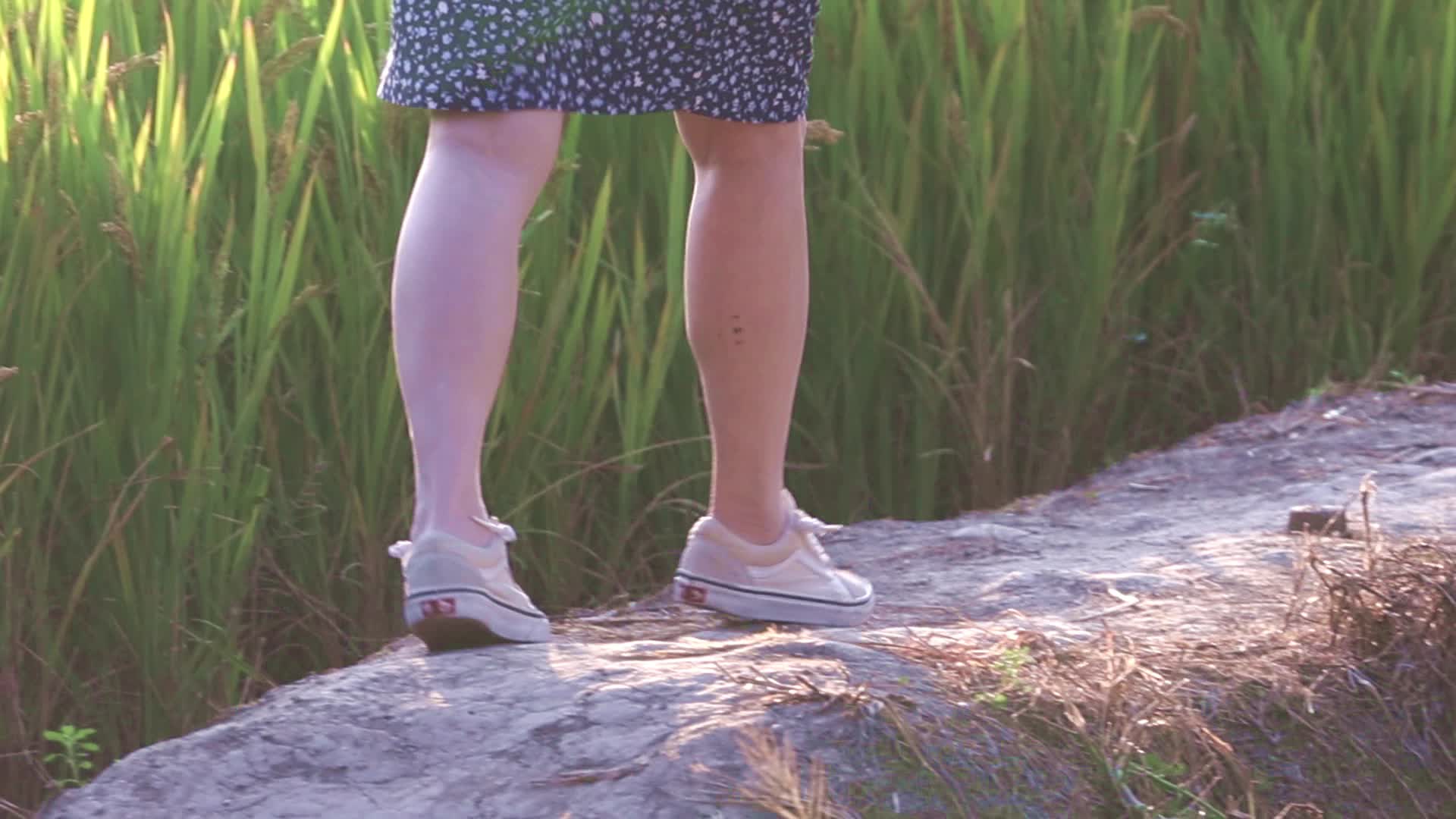 一个女人走在黄昏田野小路脚步视频的预览图