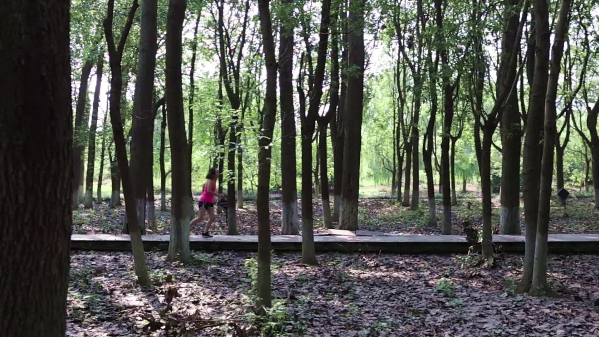 在公园树林跑步的东方女性合集视频的预览图