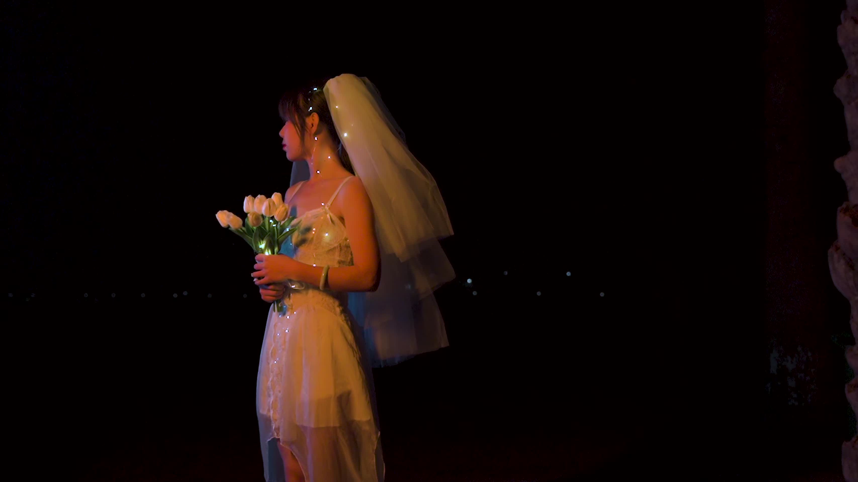 夜晚海边穿婚纱漂亮女孩拿花的美女视频的预览图