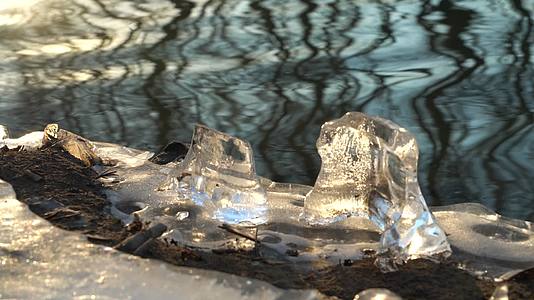 4K冬日暖阳晶莹剔透的冰块河流解冻视频的预览图