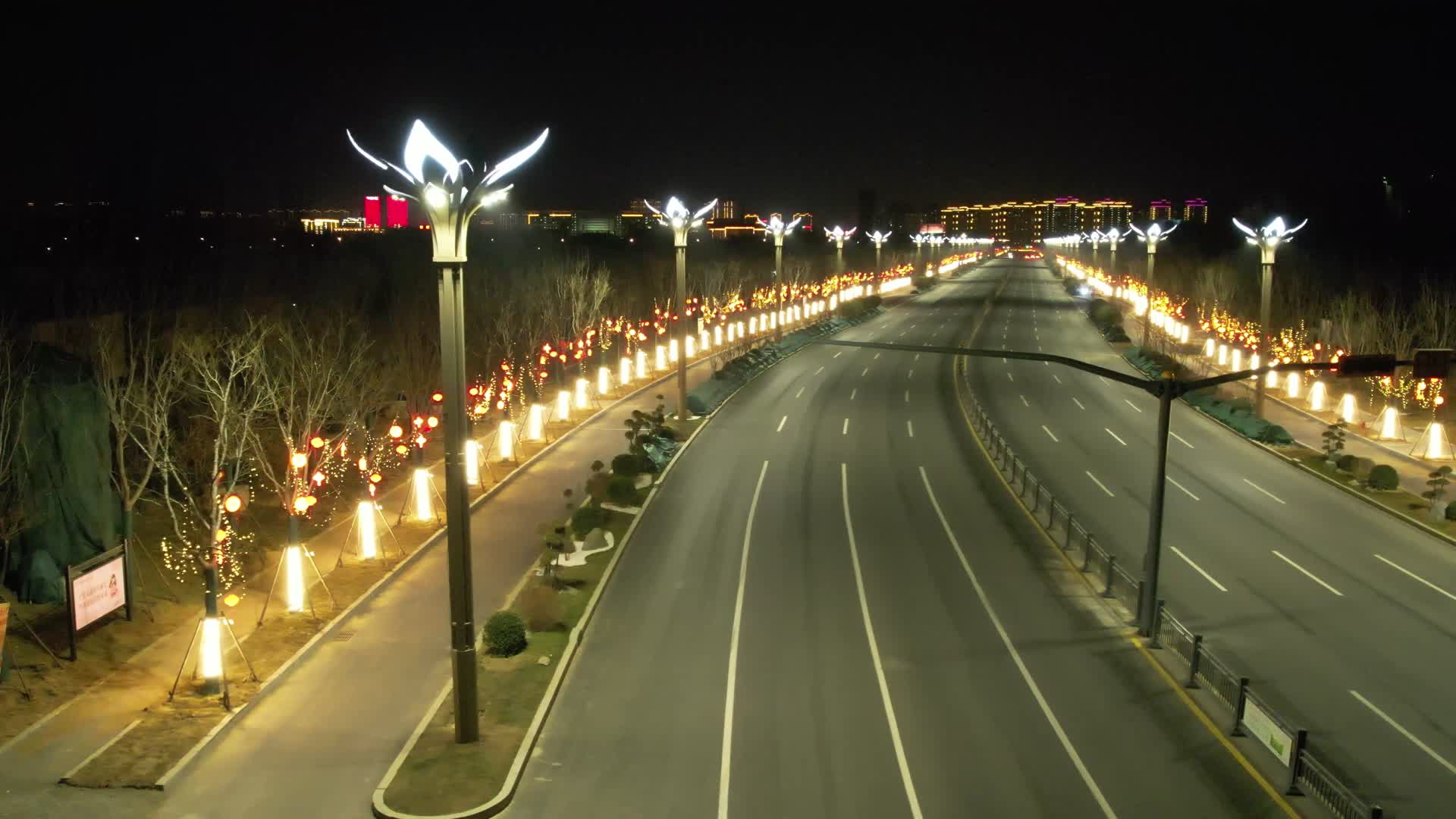 善国北路滕州公路夜晚车辆行车灯荷花灯视频的预览图
