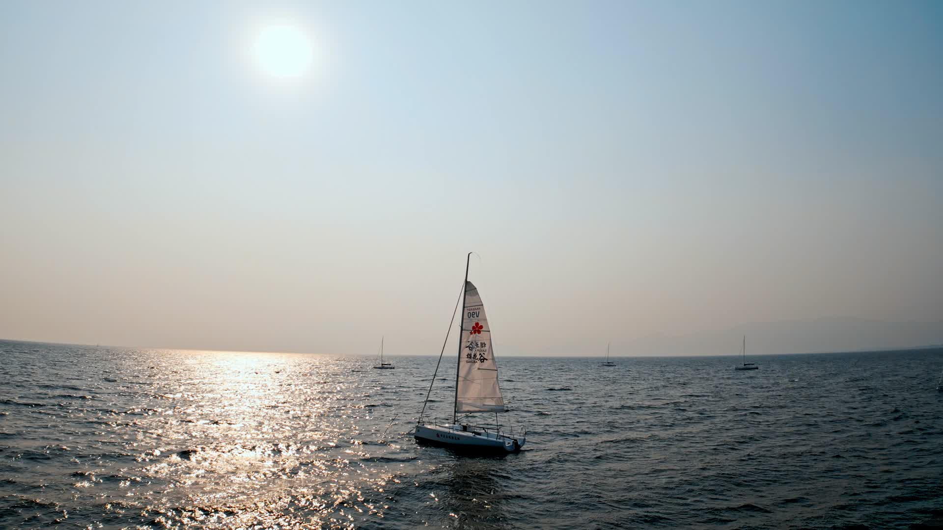 4K澄江抚仙湖出海的帆船和水上运动项目视频视频的预览图