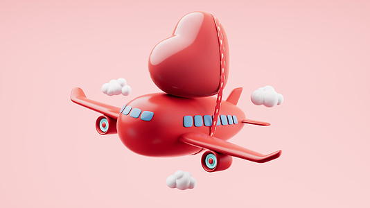 卡通风格爱心与飞机循环动画3D渲染视频的预览图