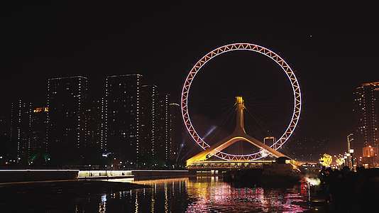 天津之眼夜景烟花著名旅游景点摩天轮视频的预览图