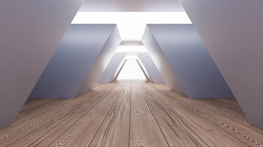 穿梭在木地板几何体建筑空间3D渲染视频的预览图
