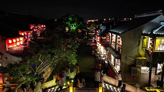 浙江嘉兴西塘古镇景区夜景航拍视频的预览图