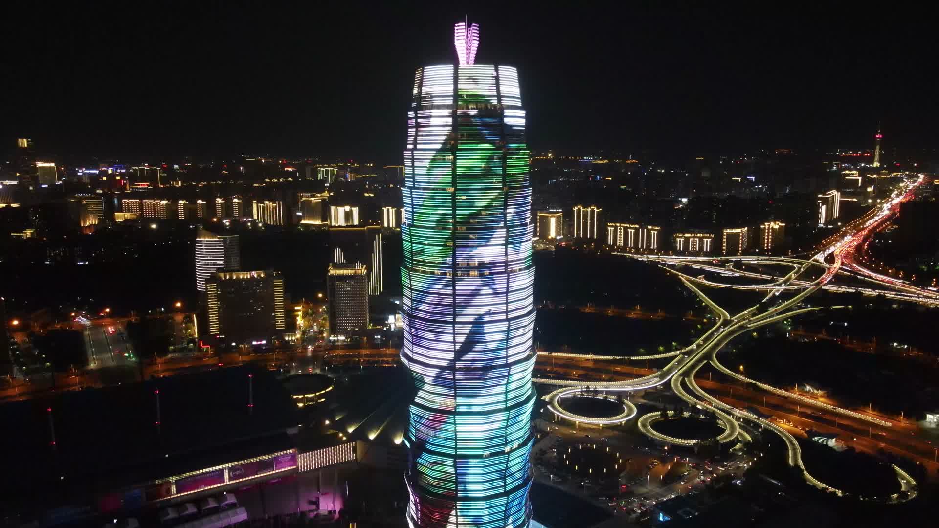 航拍河南郑州会展中心千玺广场夜景视频的预览图