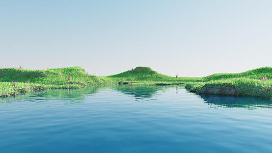 茂盛的草地与水面波纹3D渲染视频的预览图
