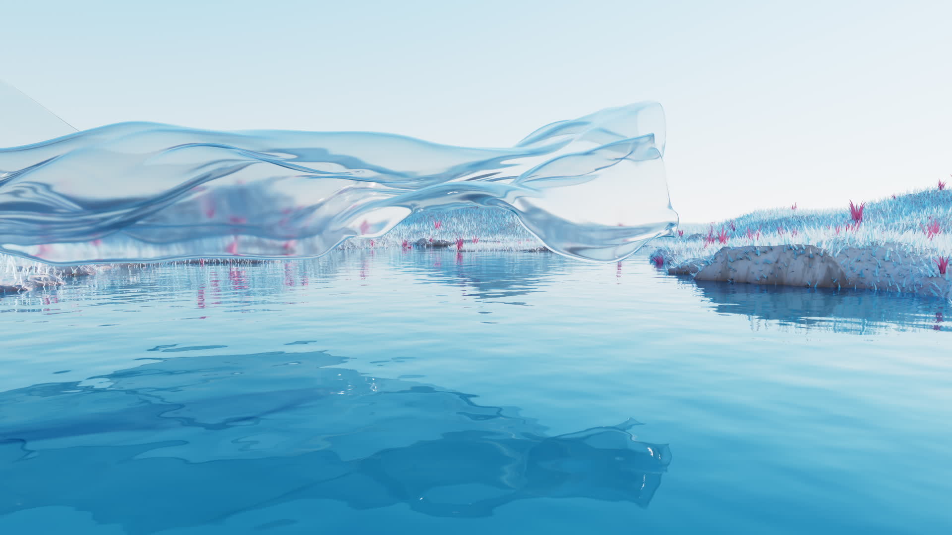 蓝色湖面与流动的透明布料3D渲染视频的预览图