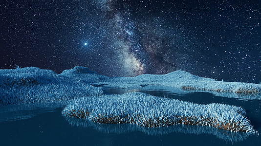 蓝色草地与夜晚星空3D渲染视频的预览图