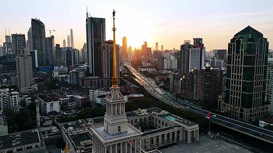 上海展览中心日出朝霞上海航拍北上广地标视频的预览图