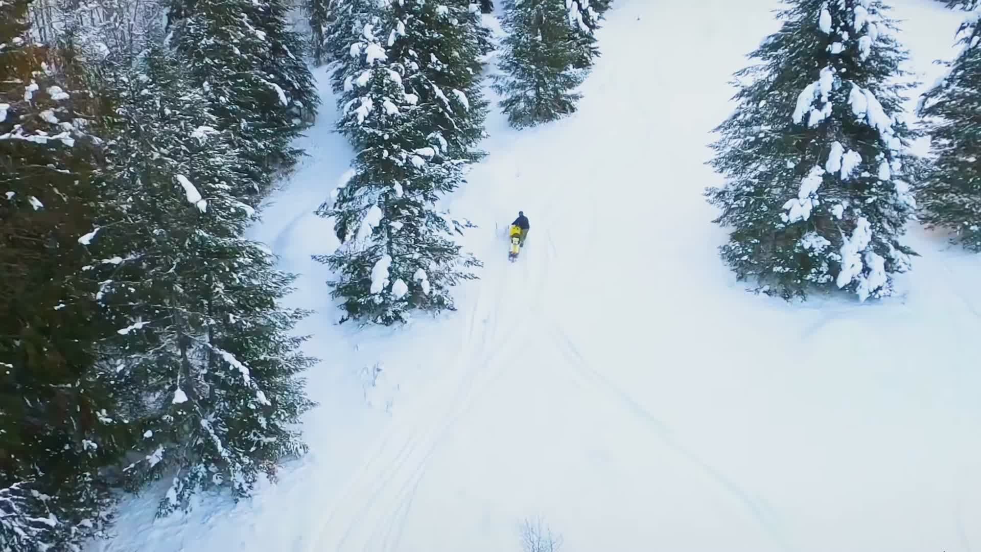 雪地摩托森林雪地驾驶穿越机航拍视频的预览图