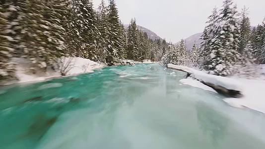 冬季森林河流雪景穿越机航拍视频的预览图