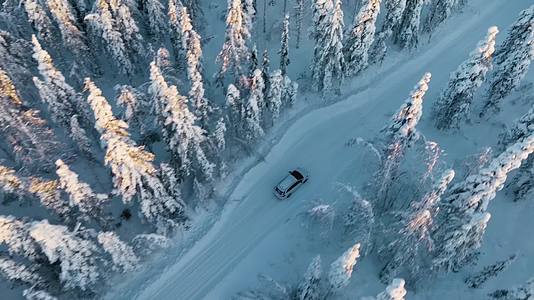 冬季汽车森林大雪中行驶航拍视频的预览图