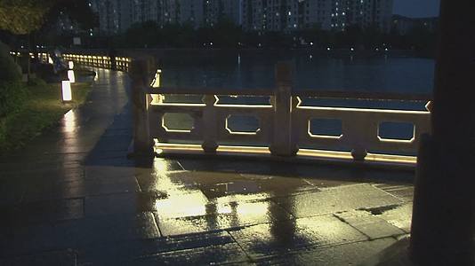 春雨夜幕下都市古镇桥边钓鱼人视频视频的预览图