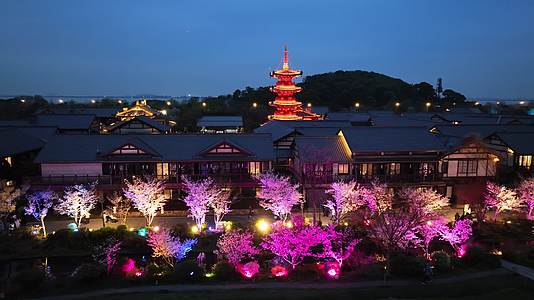 江南水乡无锡拈花湾禅意小镇夜景樱花视频的预览图