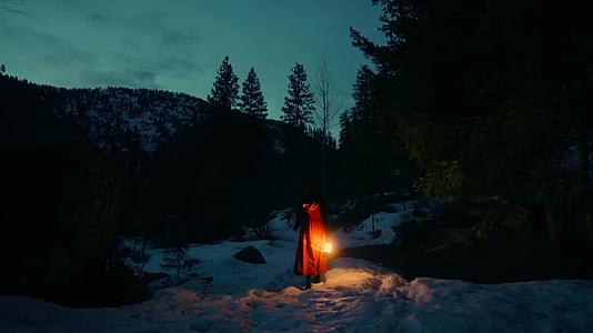红裙女人冬季夜晚森林灯笼行走视频的预览图