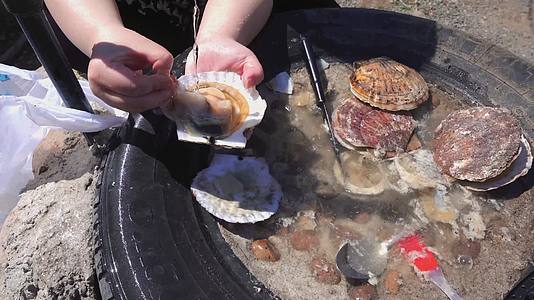 贝肉备菜处理内脏烤肉露营视频的预览图