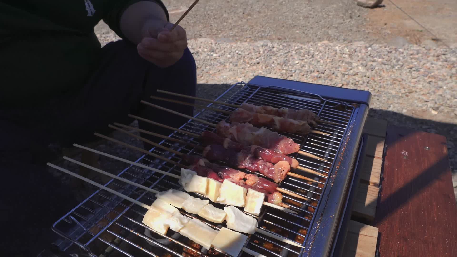 电烤板筋羊肉串露营视频的预览图