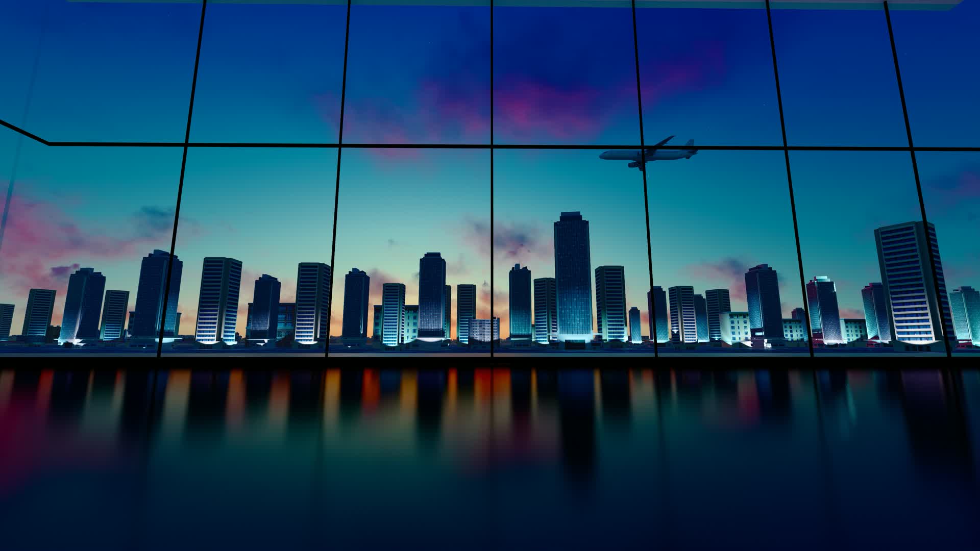 在写字楼窗前俯瞰城市夜晚飞机飞过视频的预览图