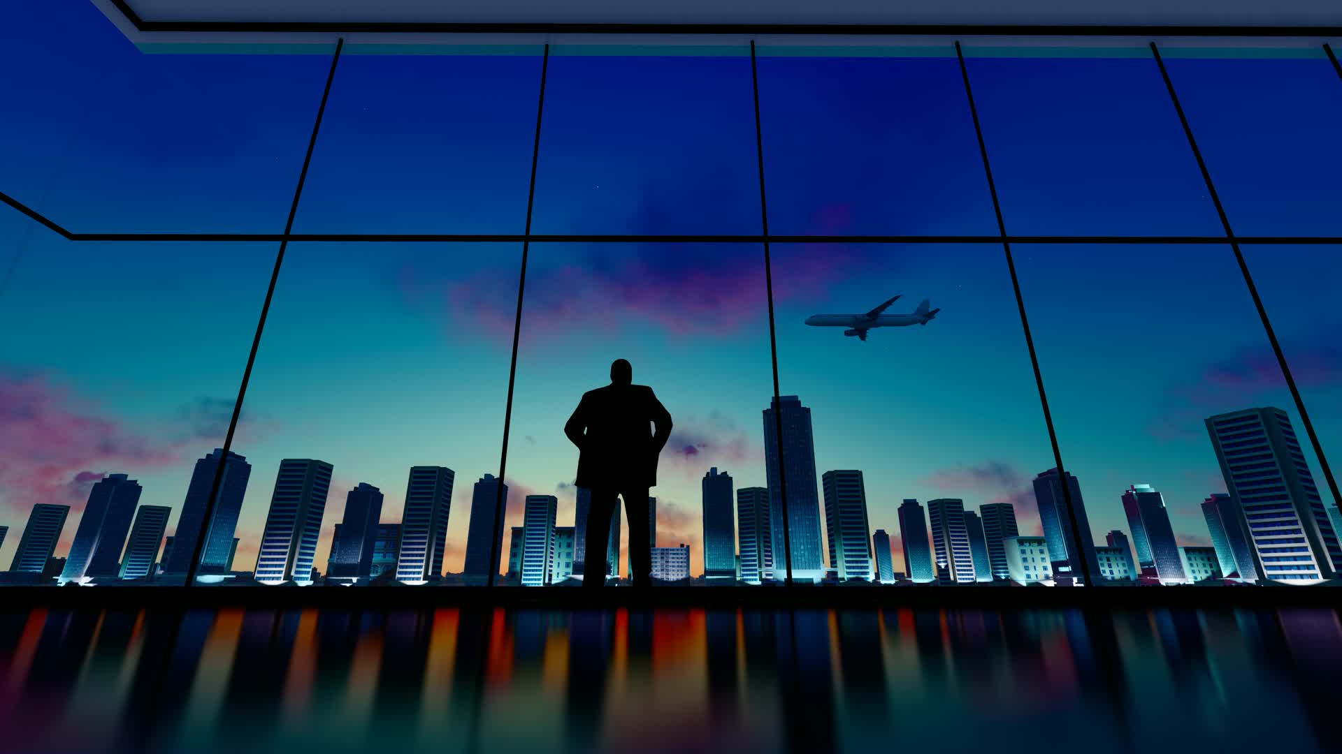 站在高端写字楼窗前思考的商人剪影视频的预览图