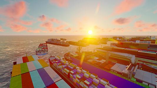 港口码头集装箱货轮清晨日出延时摄影视频的预览图