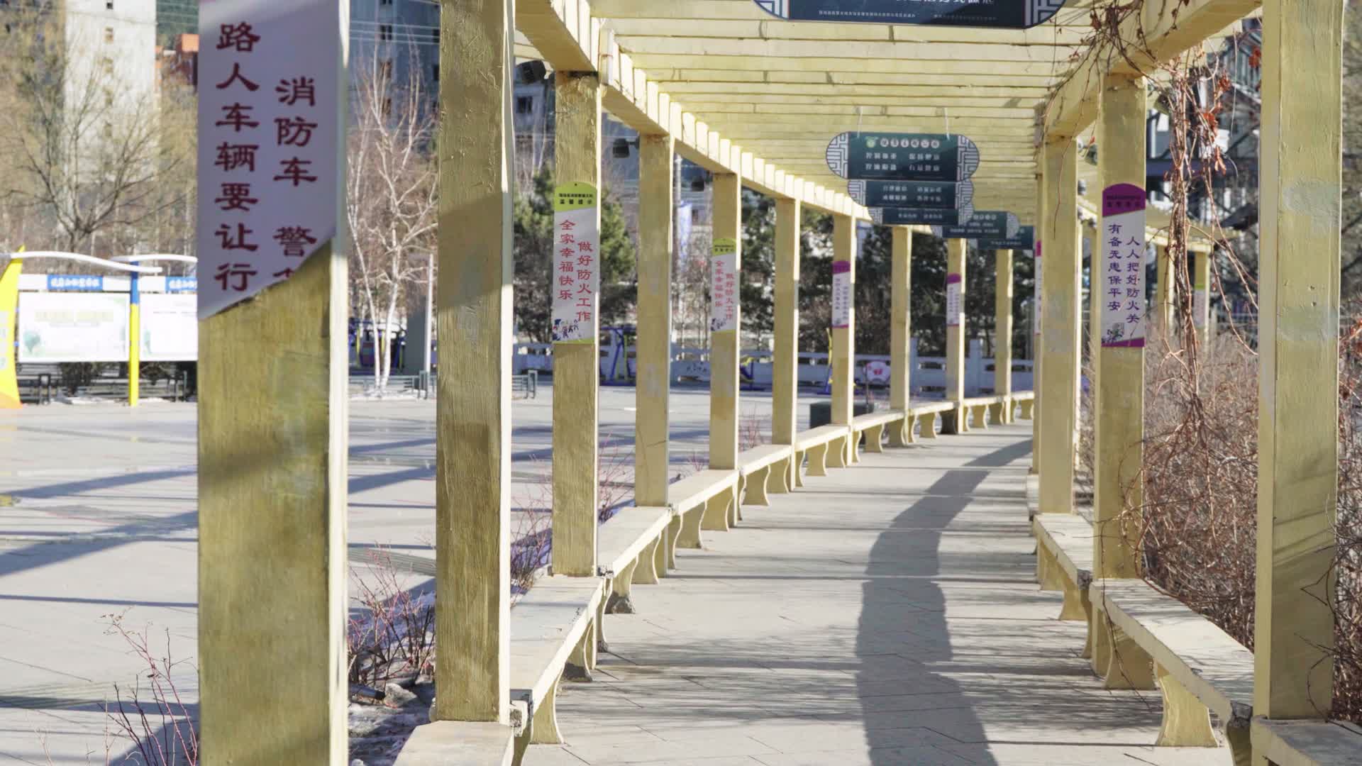 光影中的城市公园长廊横移镜头视频的预览图