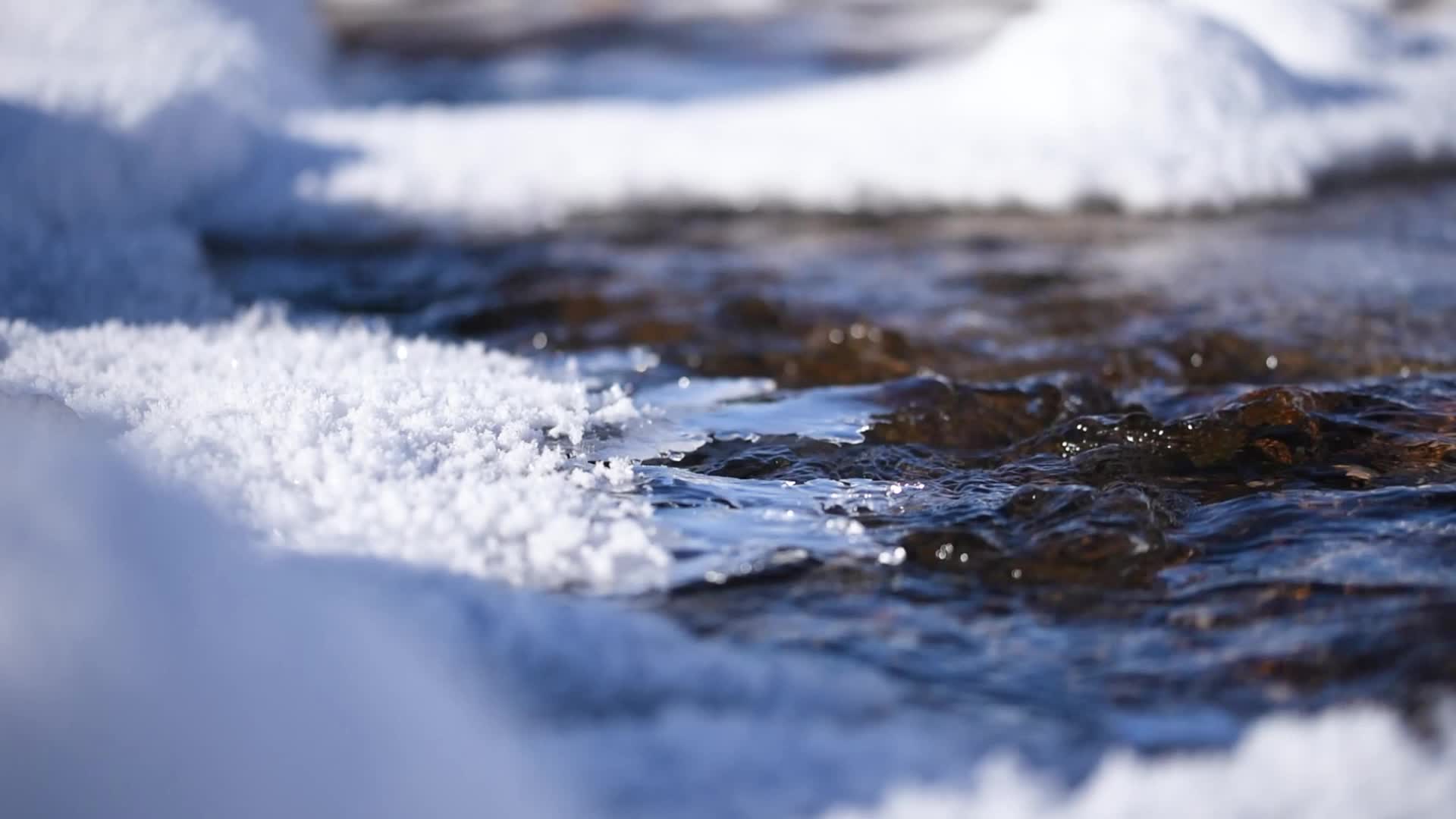 高清50帧冬天雪地里的河流特写视频的预览图