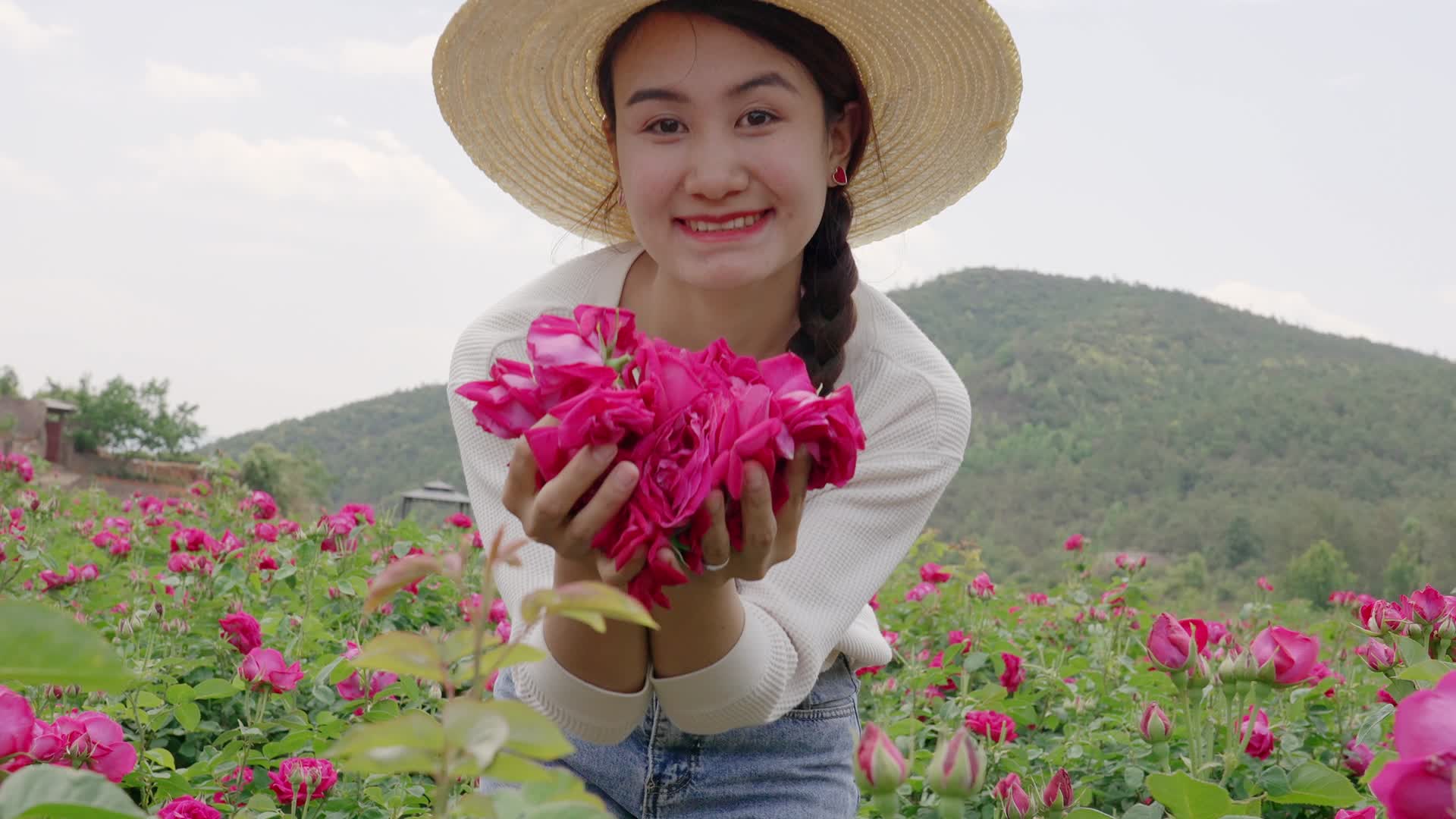 鲜花基地上手捧花朵闻香的农家女孩视频的预览图