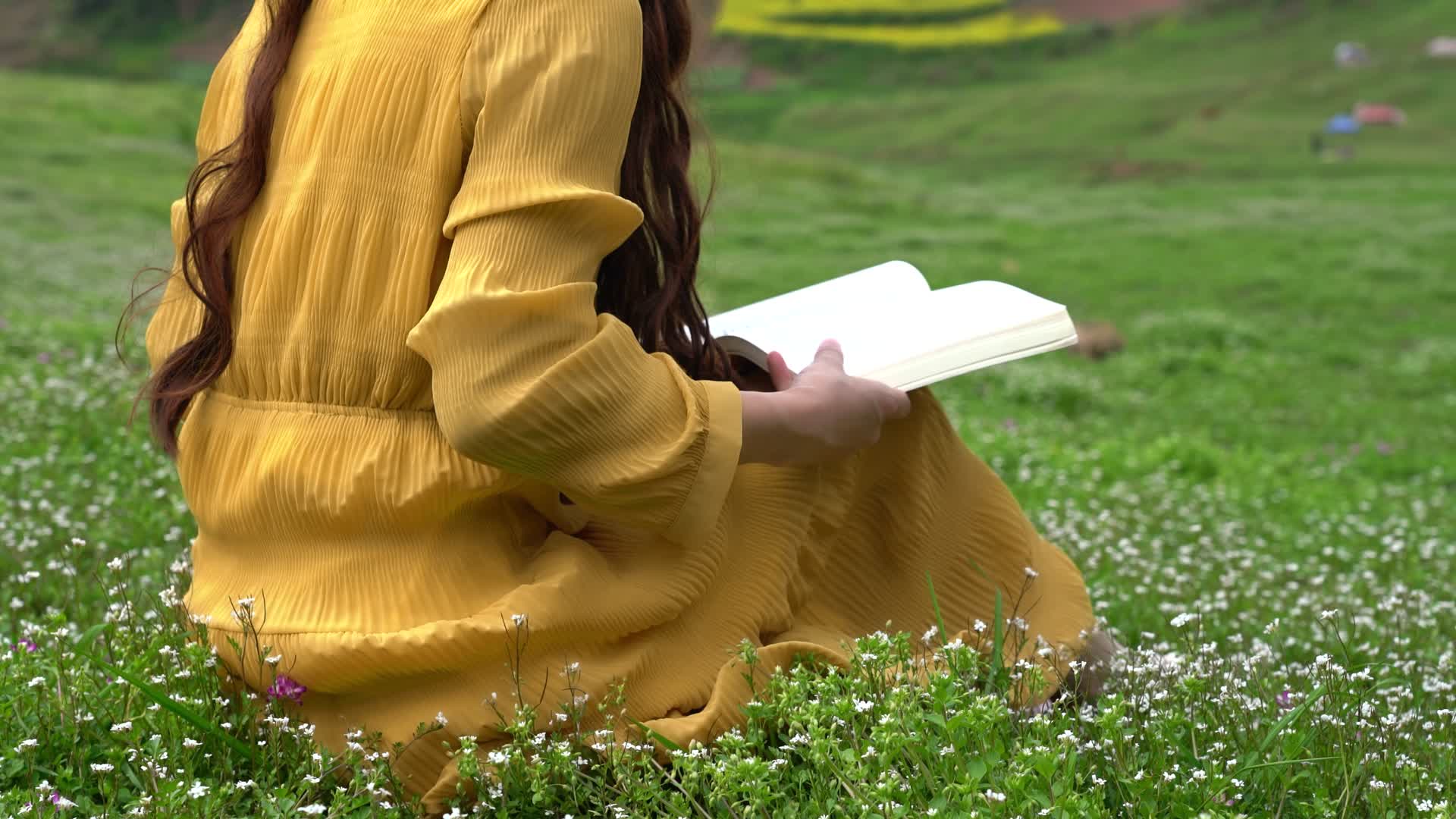 4K少女坐在草坪上看书阅读翻书实拍视频视频的预览图