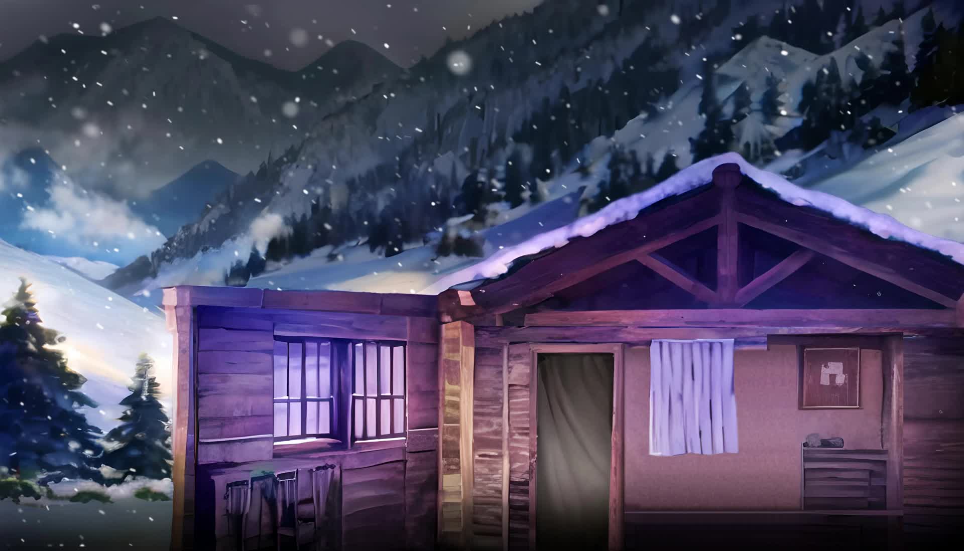 智取威虎山白毛女等戏剧动态背景风雪中深山里的小木屋视频的预览图
