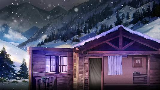 智取威虎山白毛女等戏剧动态背景风雪中深山里的小木屋视频的预览图