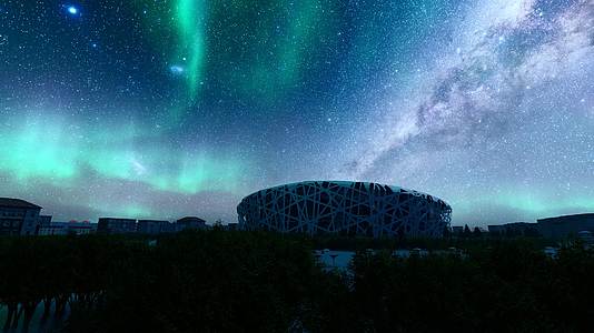 北京鸟巢体育馆夜景星空延时视频的预览图