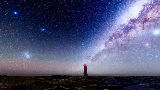 夜晚宇宙银河星空下的海上灯塔视频的预览图