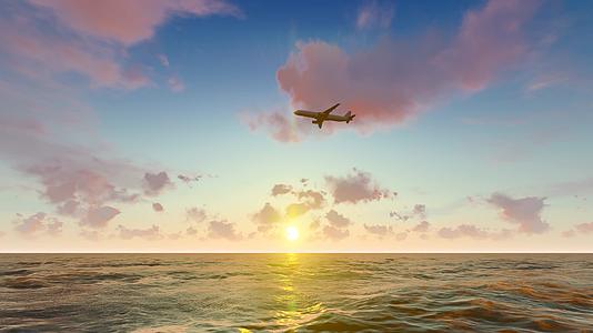 清晨飞机飞越大海水面视频的预览图