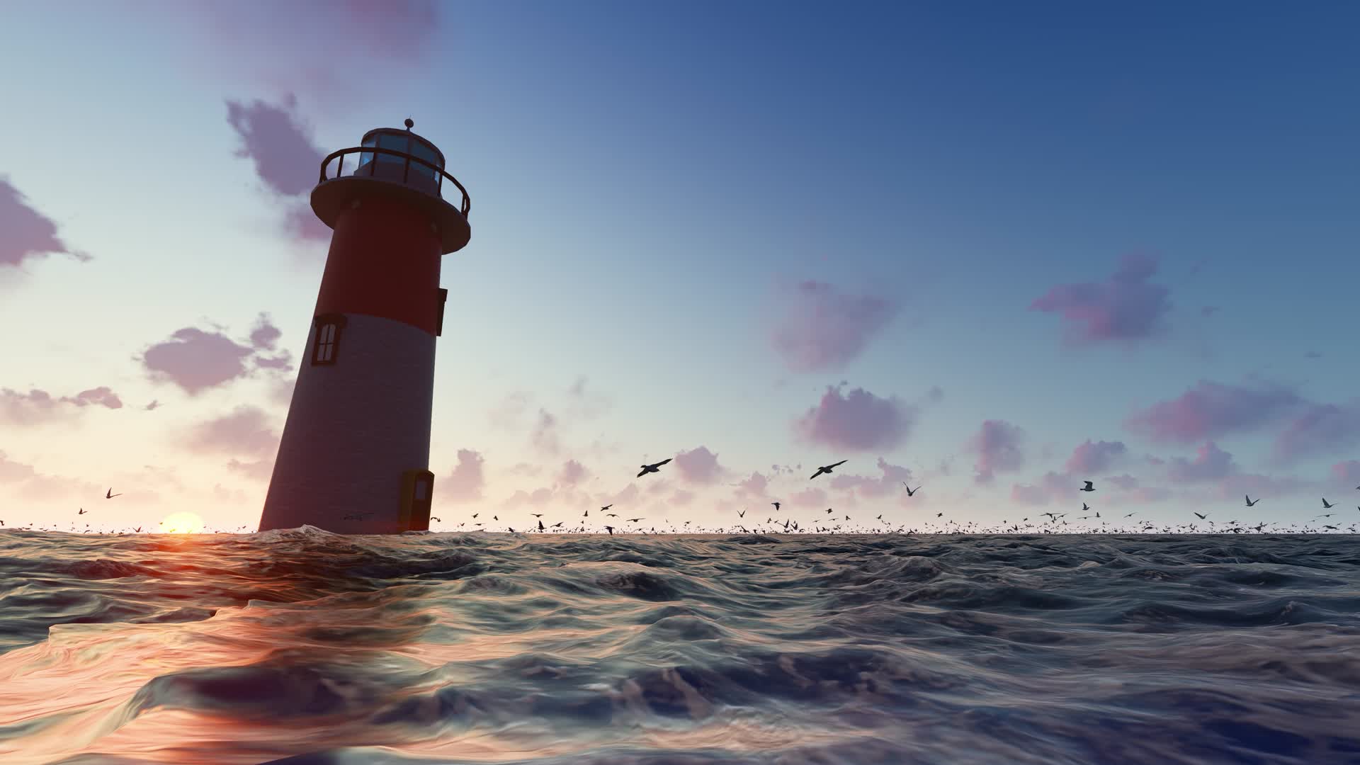 大海日出日落时海鸥在灯塔下自由飞翔视频的预览图
