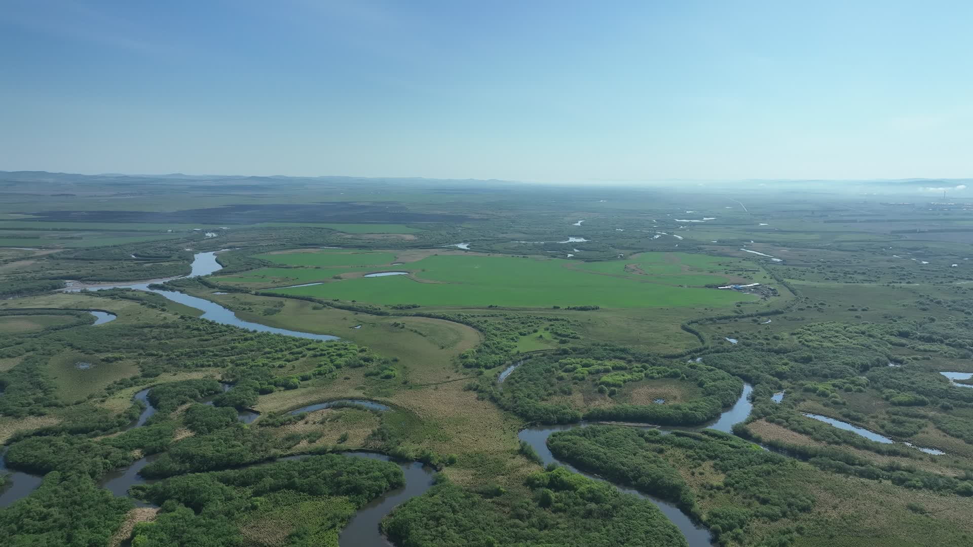 航拍大兴安岭湿地河流夏日风景视频的预览图