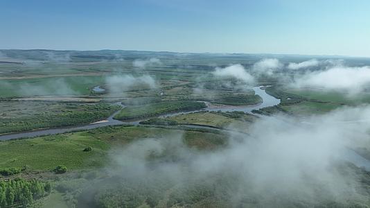 航拍夏季湿地河流晨雾风景视频的预览图